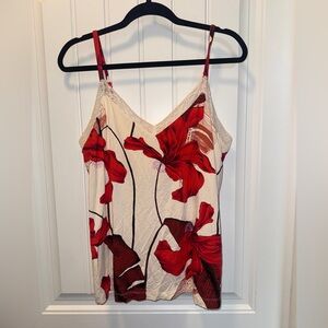 Soma Red Floral Lace Trim Top